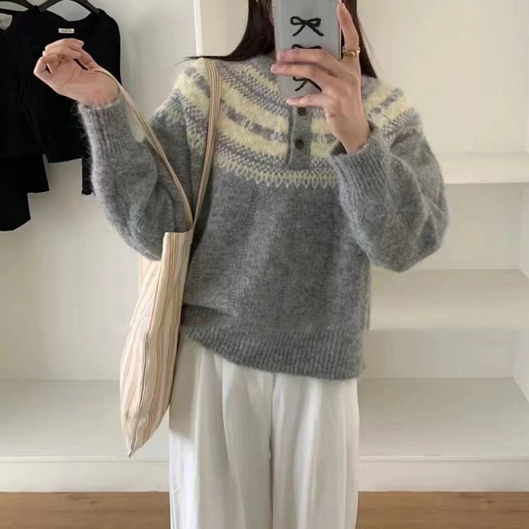 法式复古费尔岛提花红色毛衣女套头宽松软糯厚实内搭针织