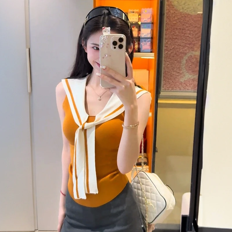 法式海军领橘色冰丝针织背心女夏季外穿修身假两件高级感无袖上衣