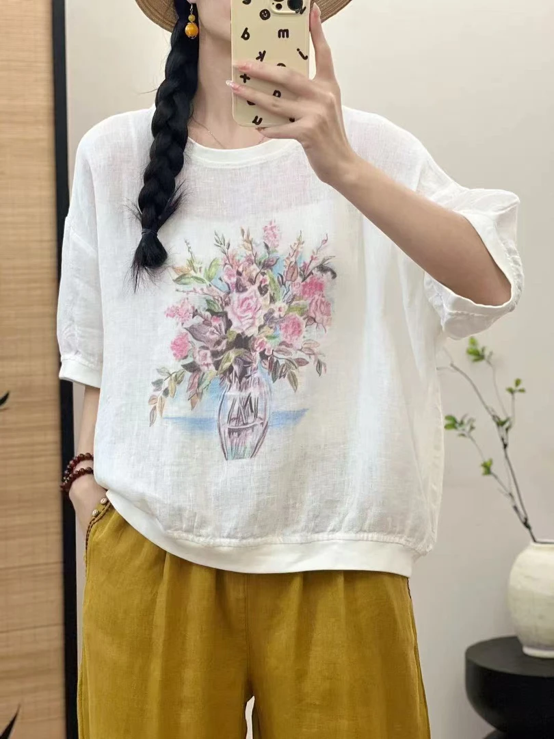 YIWEN数码印花纯亚麻圆领瓶中花小衫1192