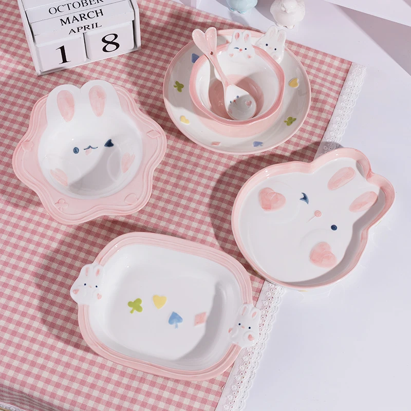 啵啵兔陶瓷餐具6件套（米饭碗+沙拉碗+圆盘+长方盘+造型盘+汤勺）