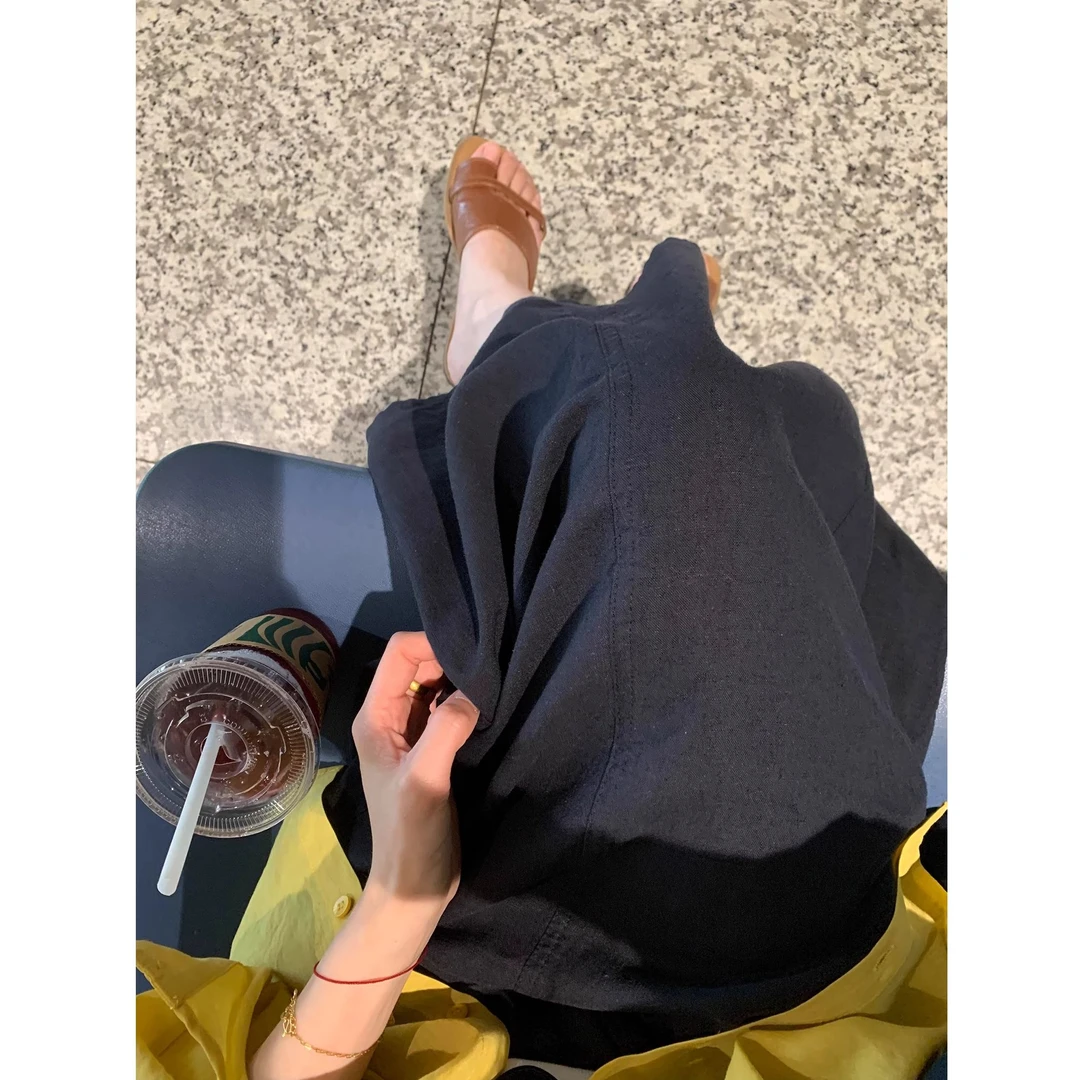 慵懒风藏青色苎麻半身裙女2025夏季新款不费力高级感穿搭裙子