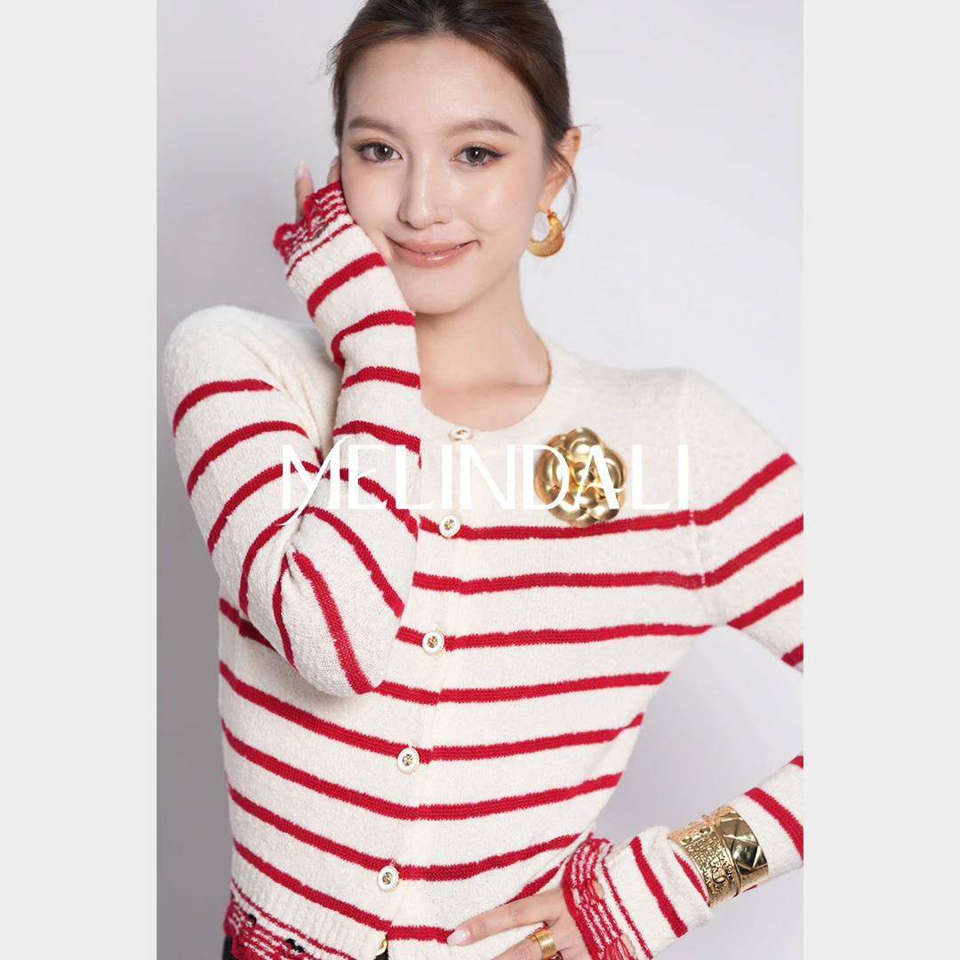 Melinda Li【法式条纹】绵羊毛肌理感撞色条纹圆领长袖针织衫开衫