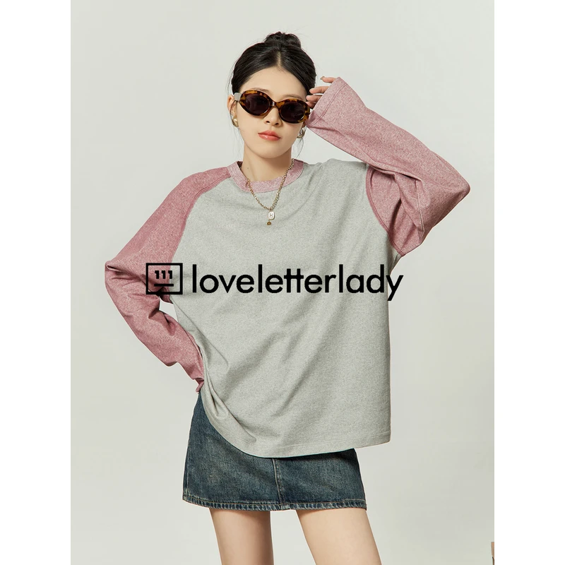 撞色拼接插肩长袖t恤女2025新款夏季宽松上衣慵懒风显瘦圆领