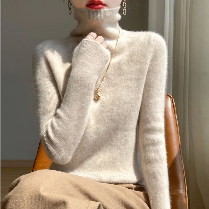 一线成衣无缝打底高反领抽条修身精纺羊毛衫堆堆领百搭针织显瘦