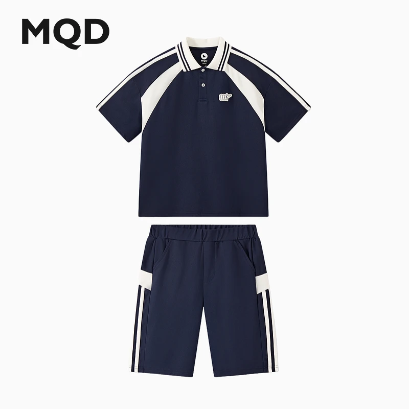 MQD童装25夏季新品学院风学运动休闲翻领短袖五分裤套装9652W2201