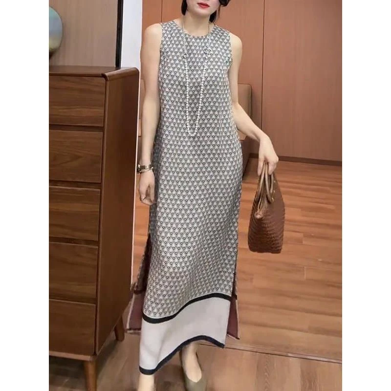 复古圆领印花连衣裙女装2025年夏季新款高级感超好看独特别致长裙