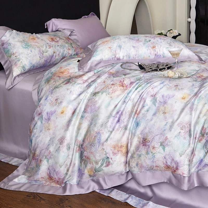 喜兹 烟雨海棠 兰精天丝数码印花四件套轻奢凉爽冰丝丝滑床上用品