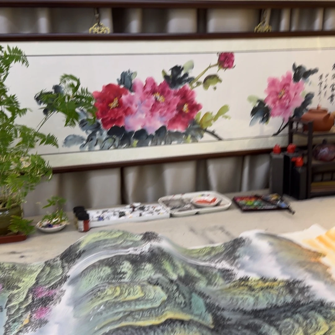 国画四尺对开花开富贵画框165×49