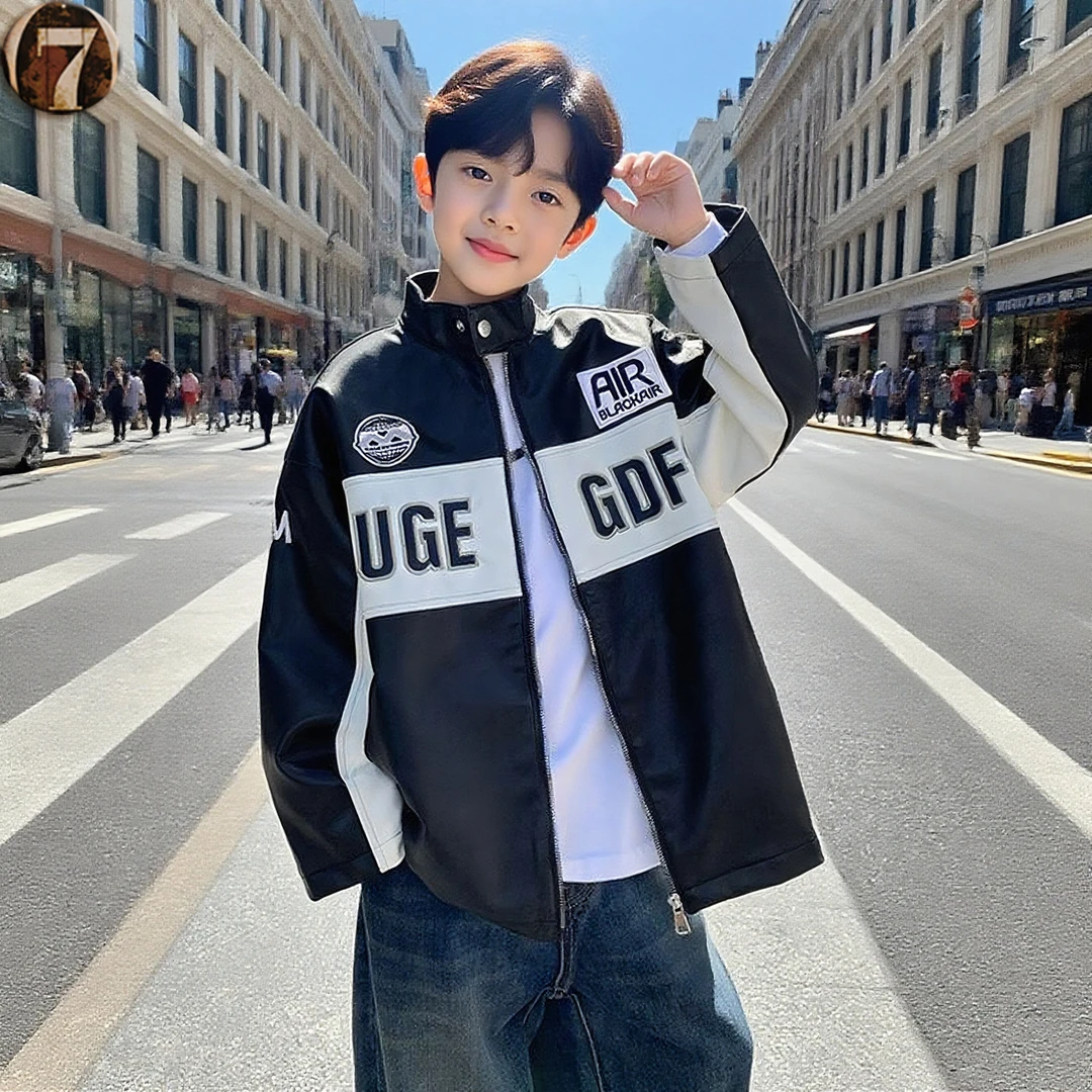 男童立领皮衣2025春秋新款帅气潮流儿童拼色外套中大童刺绣上衣潮