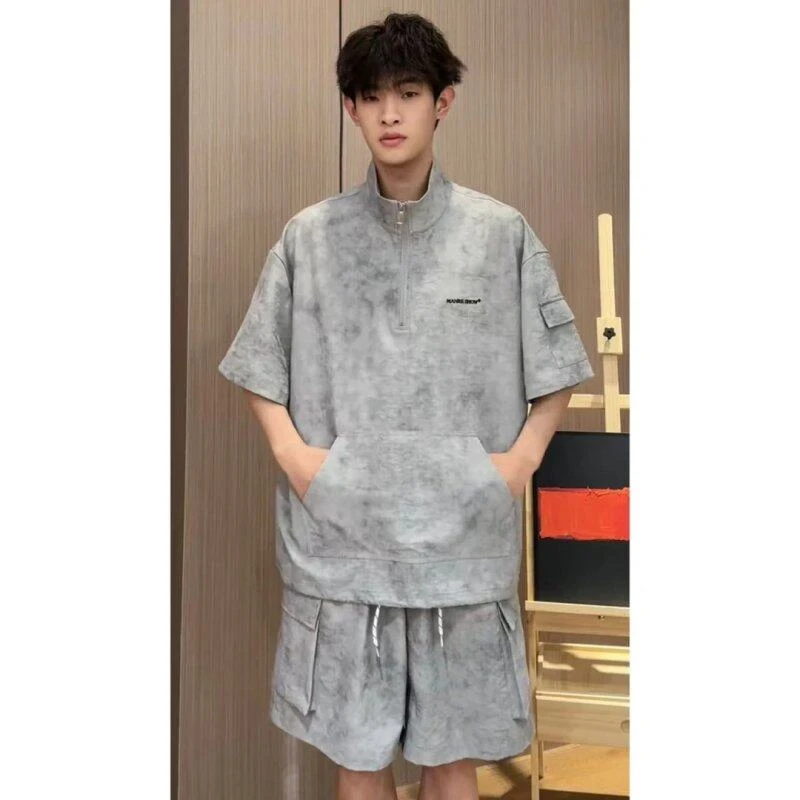 MAHRE SHDW夏季薄款透气运动套装扎染短袖工装短裤套装情侣装潮流