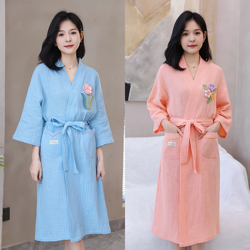 2025新款竹节麻浴袍纱布长袖腰带成人夏季睡衣家用可穿式浴巾大人