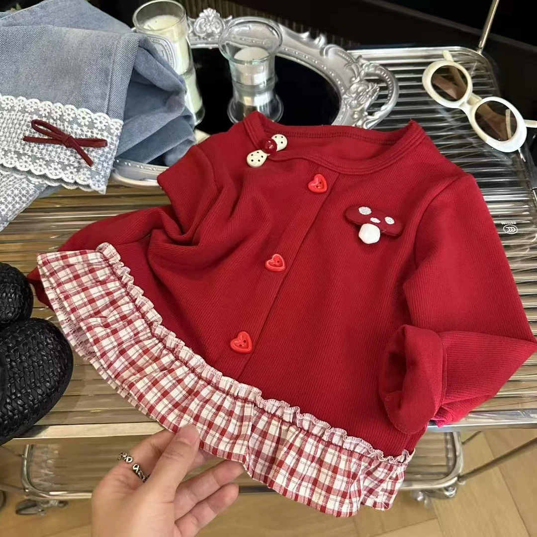 宝宝卫衣新款韩版休闲时髦可爱2025红色蘑菇拼接儿童裙摆上衣卫衣