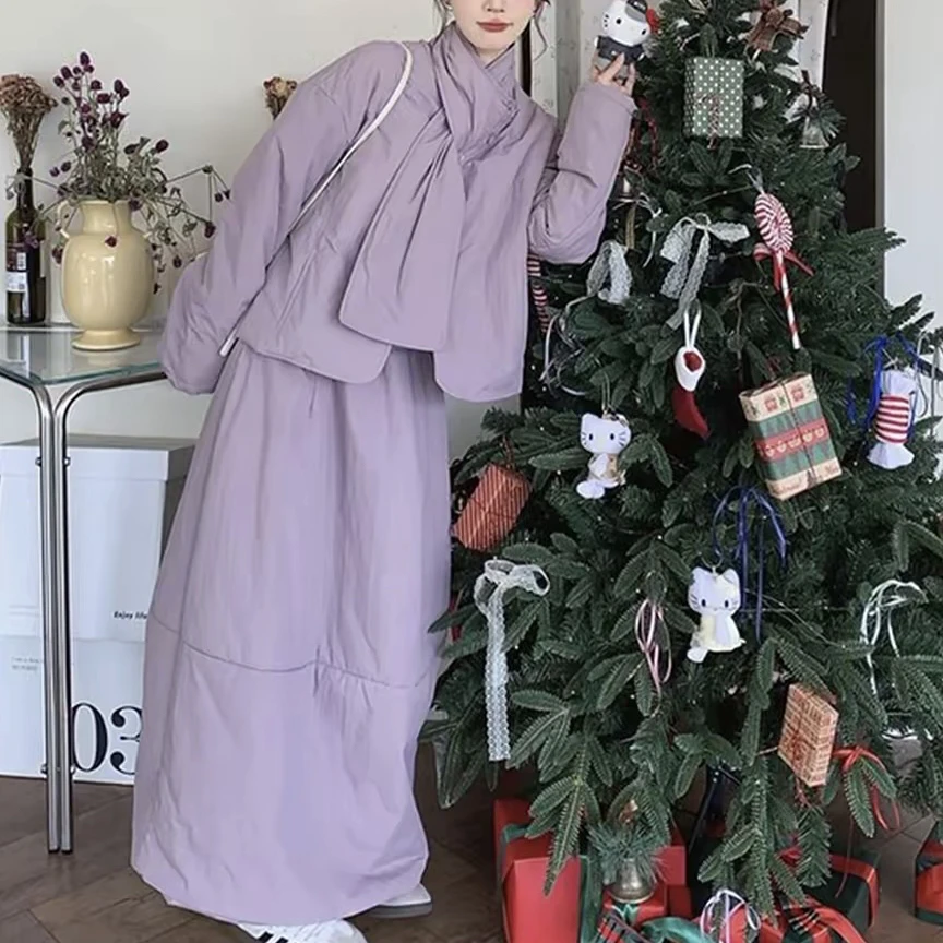 大码紫色两件式女装套装高腰夹棉半身裙韩系秋冬新款带围脖保暖