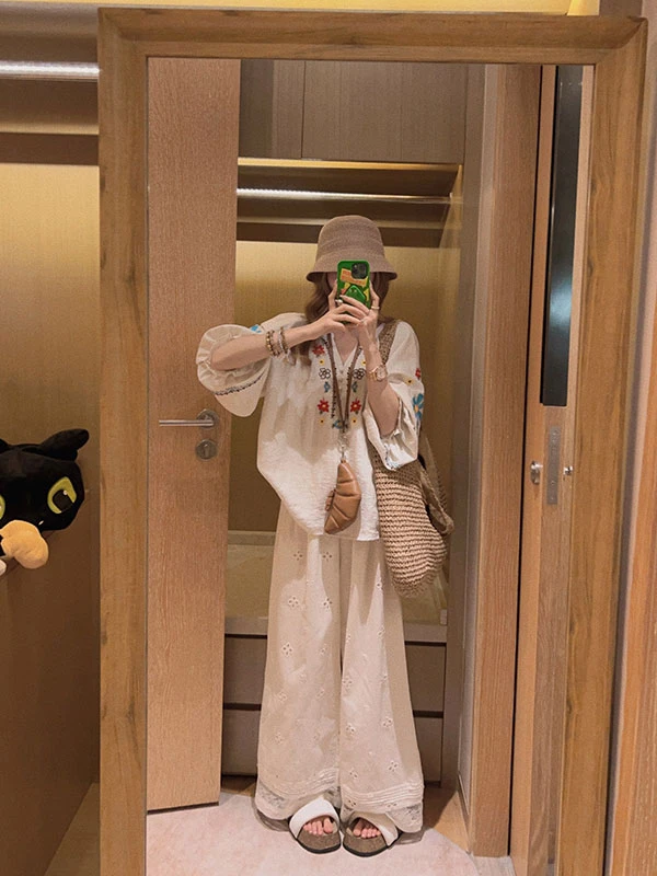 2025夏季新款波西米亚风重工刺绣衬衫上衣搭配阔腿裤显瘦两件套女