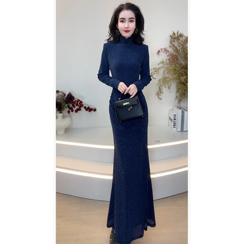 2025冬季新款半高领亮片连衣裙高级显瘦感气质修身打底长裙98927