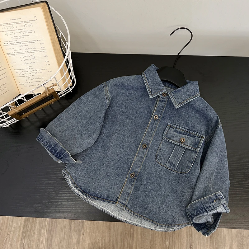 小首尔-现货-春秋装儿童韩版复古牛仔宽松翻领长袖衬衫AD0442