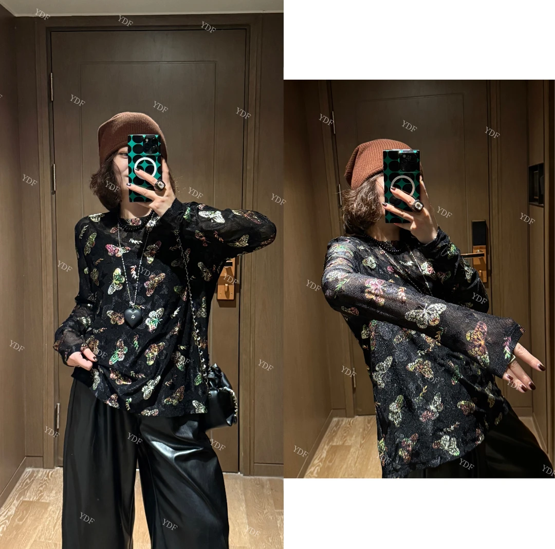 YDFSTUDIO小众【蝴蝶花园】欧货早秋高品蝴蝶亮片拼接设计时尚上衣