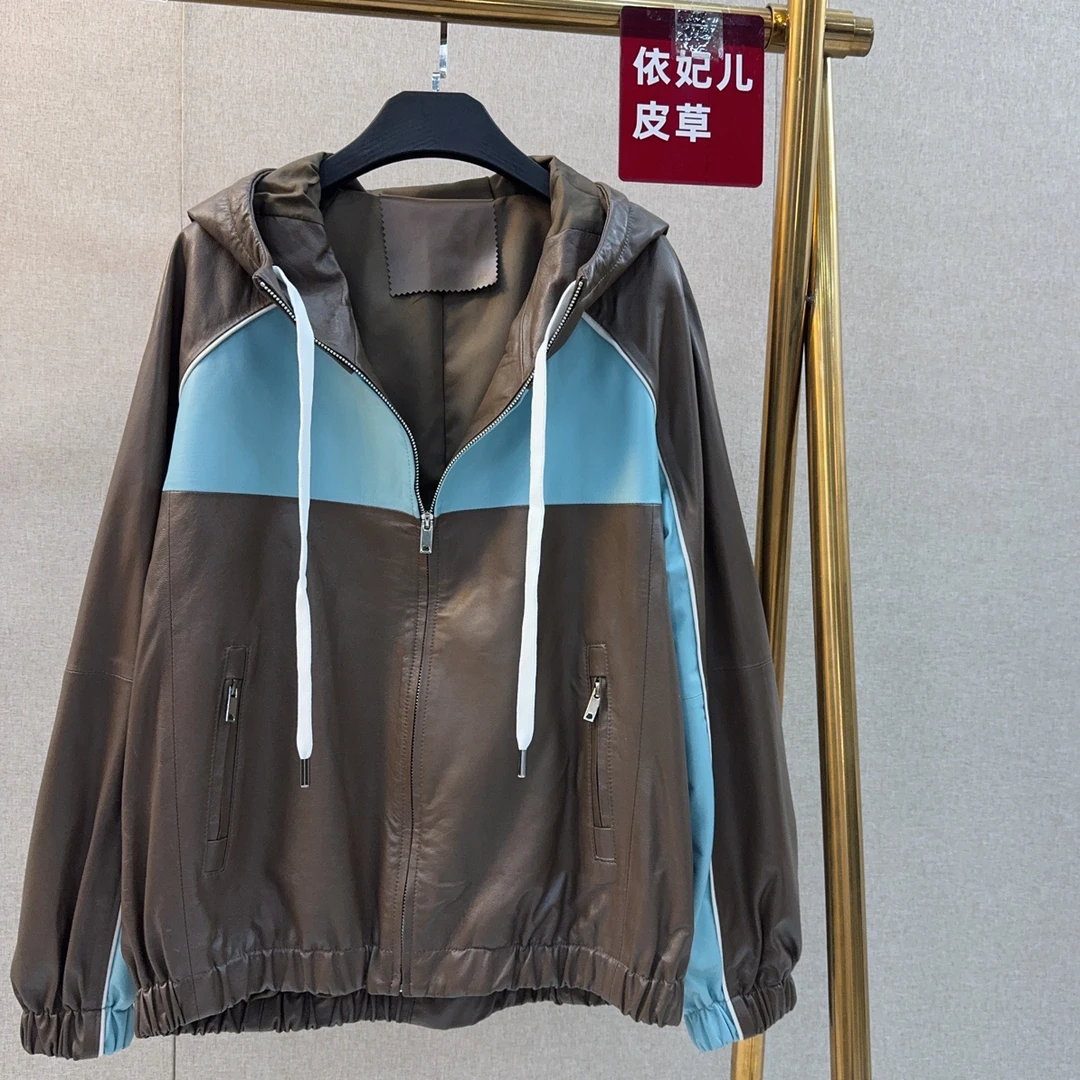 绵羊皮宽松型春季撞色插肩袖连帽短外套上衣宽松运动朋克风