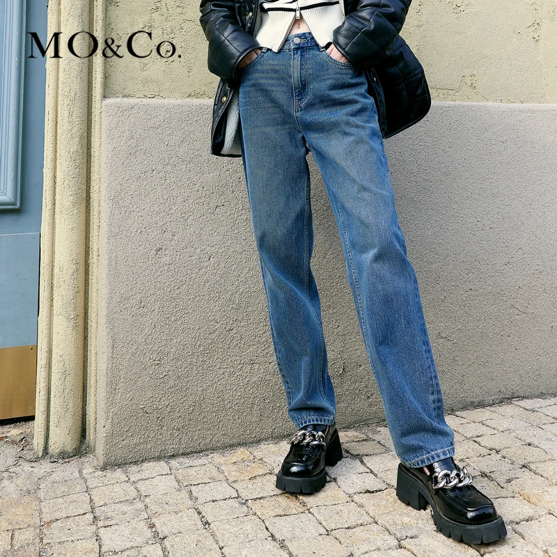 【达人专属】MOCO新复古高腰显瘦棉深蓝色时尚牛仔裤MBC3JENT19