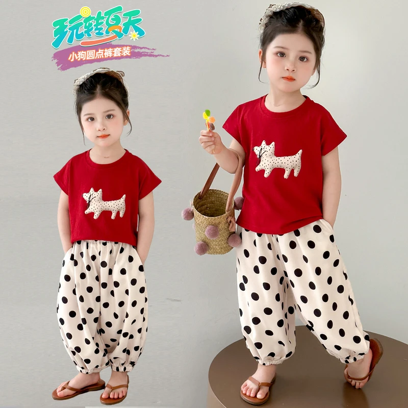 女童套装洋气儿童短袖波点灯笼裤子两件套小女孩宝宝夏装2025新款