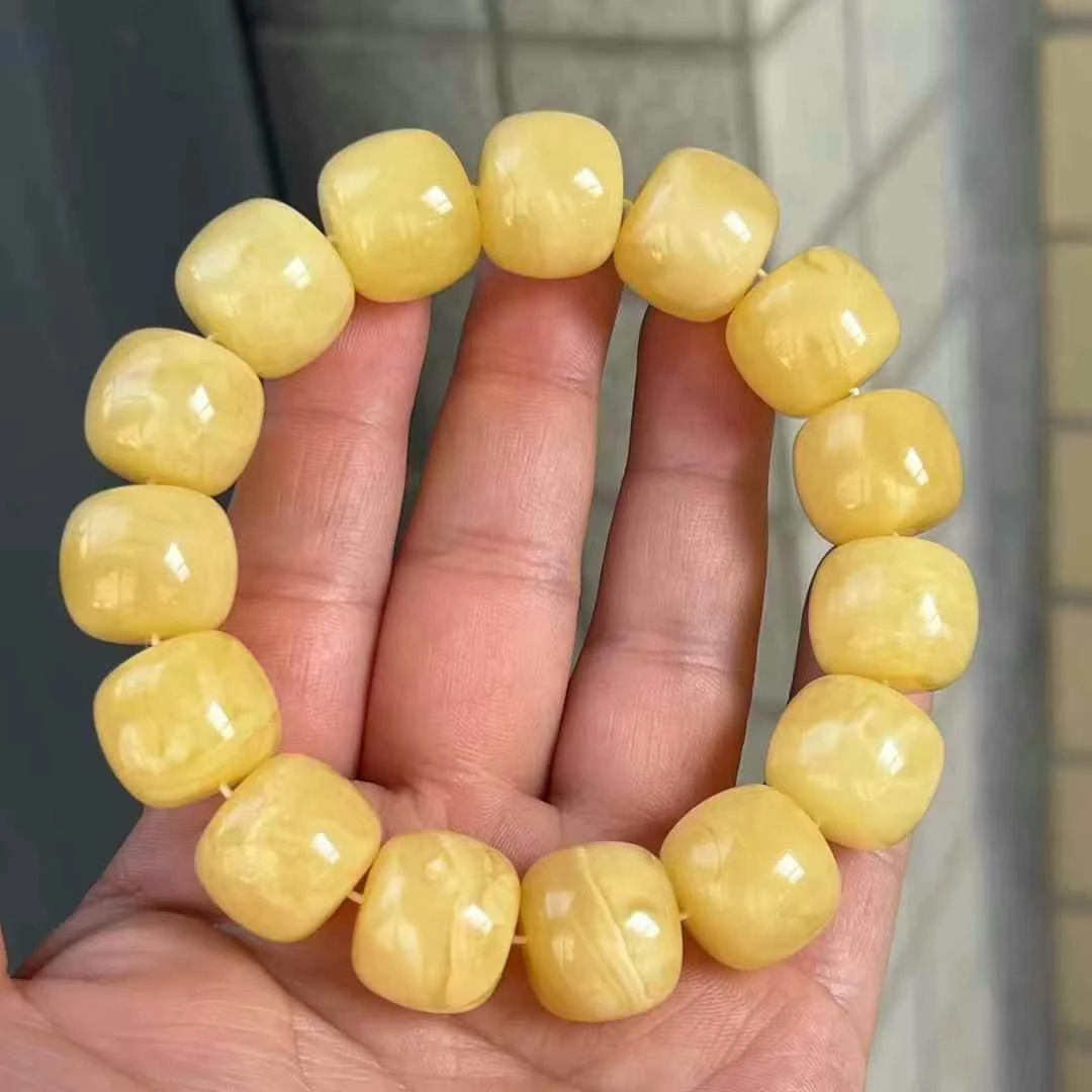 天然原矿蜜蜡 17+俄料满蜡黄白花老型手串蜡质浓郁蜜色漂亮无杂裂