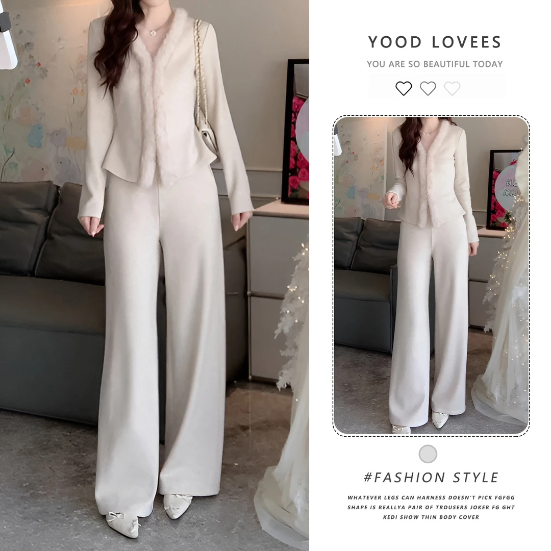 松弛感软糯温柔两件套装2025秋冬季新款毛毛领针织衫直筒阔腿裤女