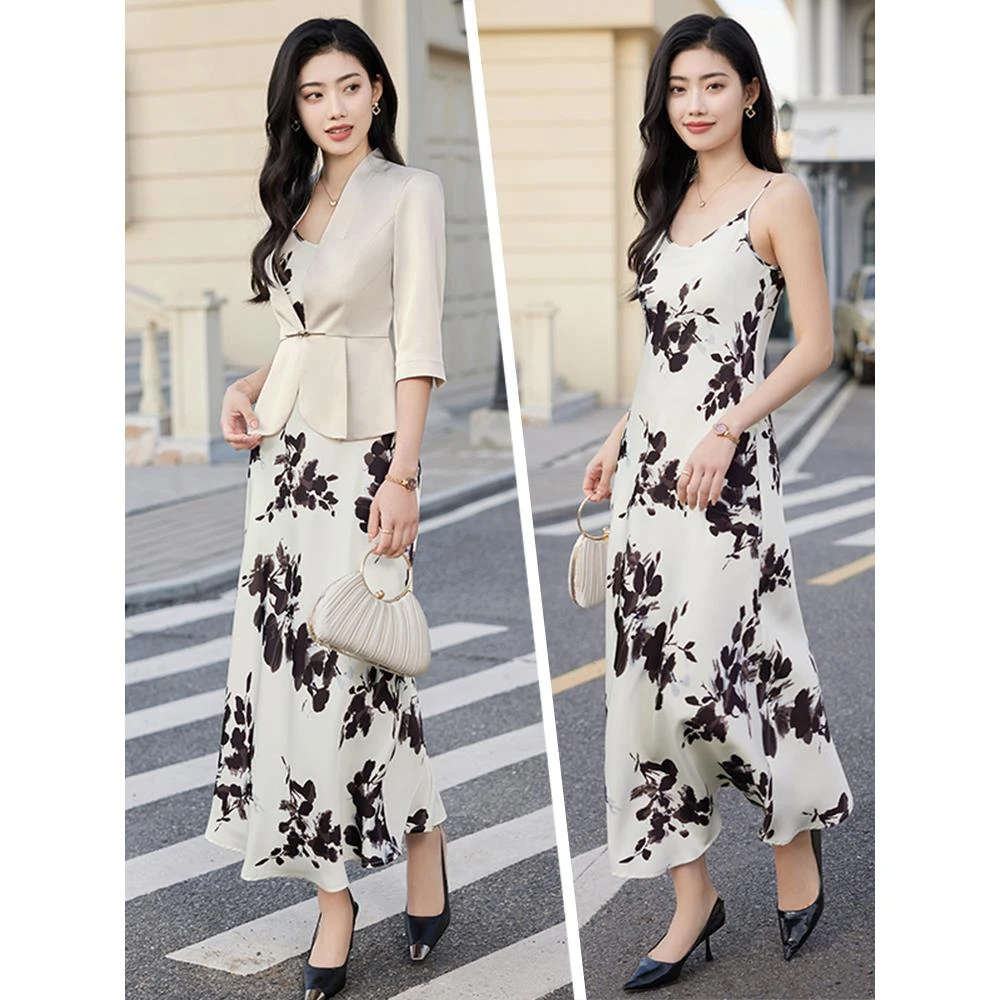 印花吊带连衣裙女士夏季薄款2025新款中袖西装长裙西服休闲外套