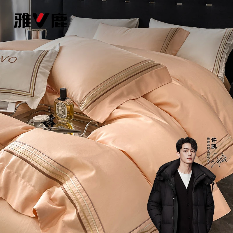 2024新款简约轻奢长绒棉四件套全棉单人贡缎宽边刺绣被套床单床笠