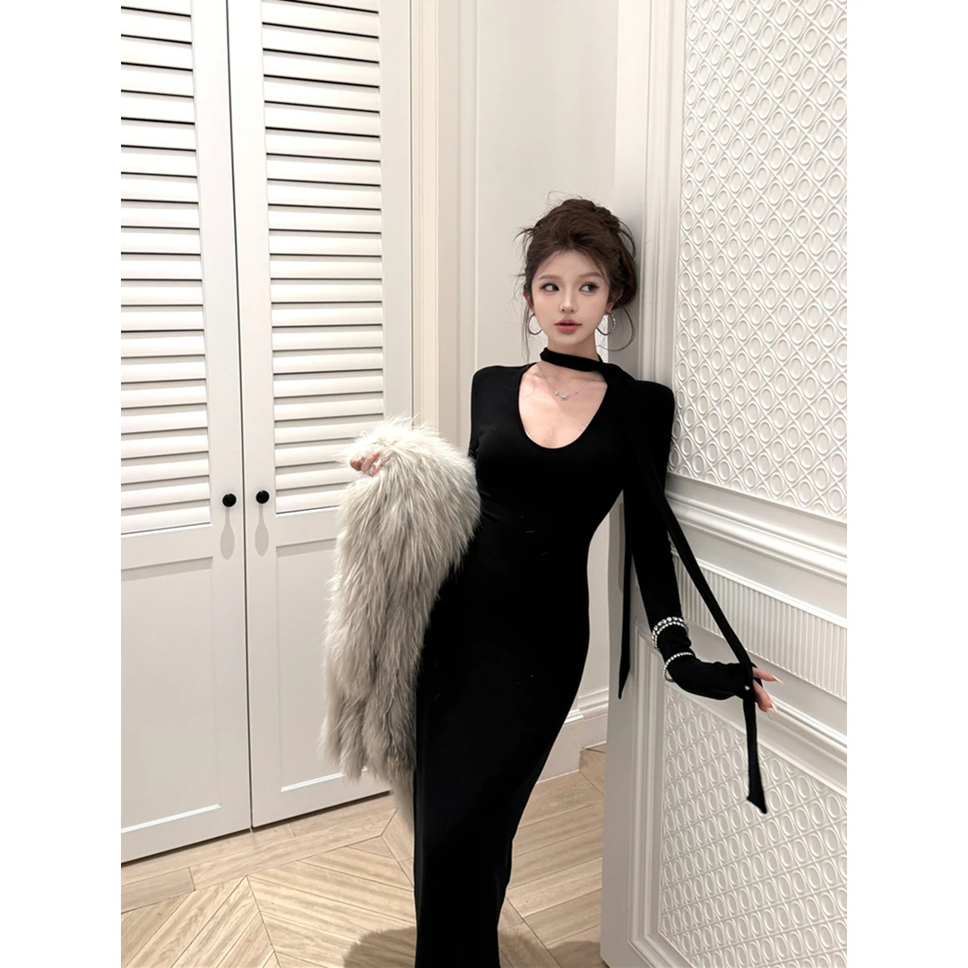 黑色飘带v领长袖连衣裙女秋季内搭裙修身收腰裙子纯欲风包臀长裙