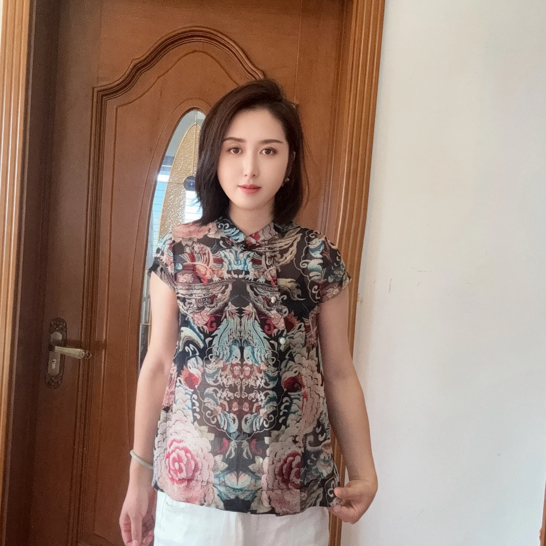 新中式国风气质盘扣短袖衬衫复古减龄夏季薄款遮肉上衣1856