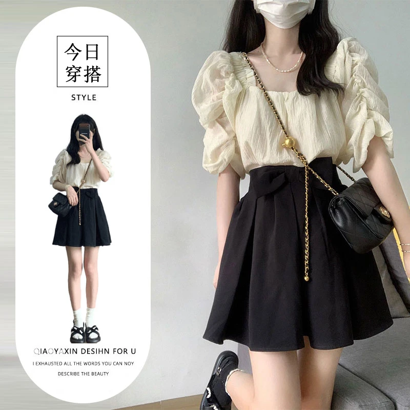 2025新款女装夏装套装可盐可甜方领短袖衬衫小个子百褶短裙子套装