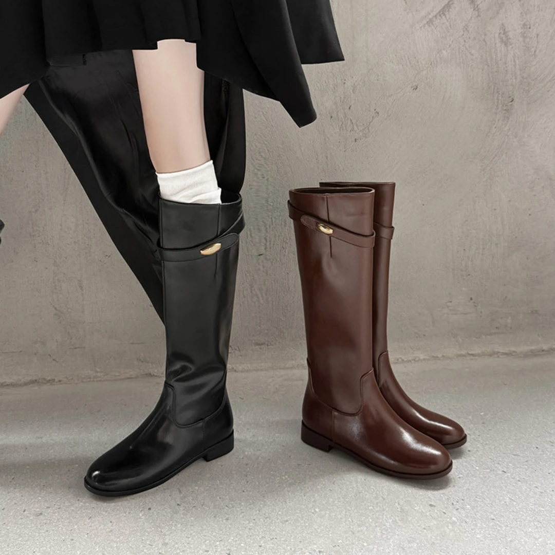 英伦风粗跟长筒靴女2025秋冬新款显瘦不过膝圆头高筒靴平底骑士靴