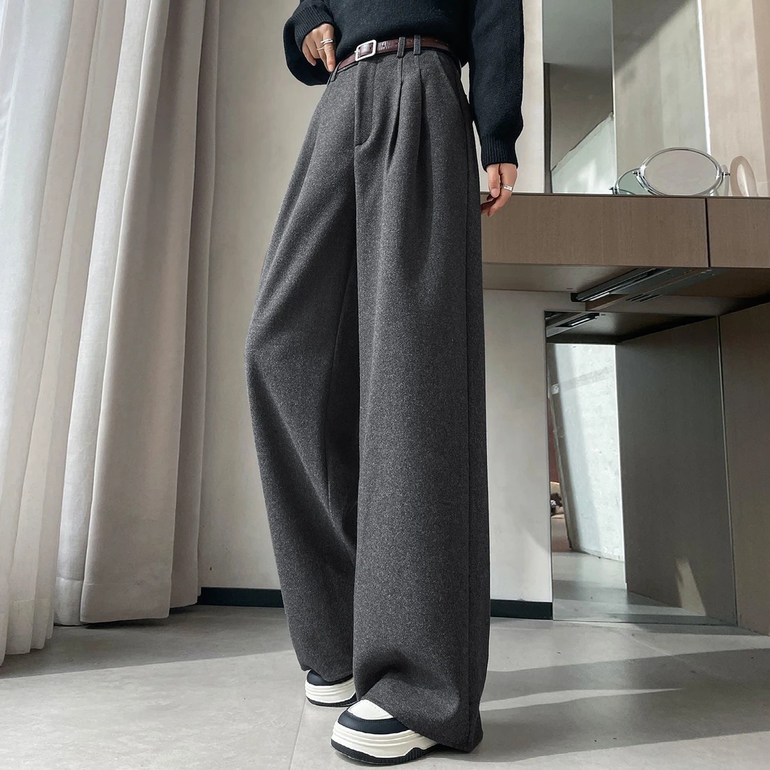 灰色毛呢阔腿裤子女冬季新款慵懒风休闲西装裤加厚高腰直筒裤