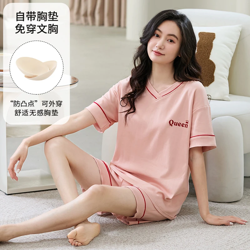夏季新款带胸垫睡衣女套头短袖短裤简约舒适家居服套装ZF2001