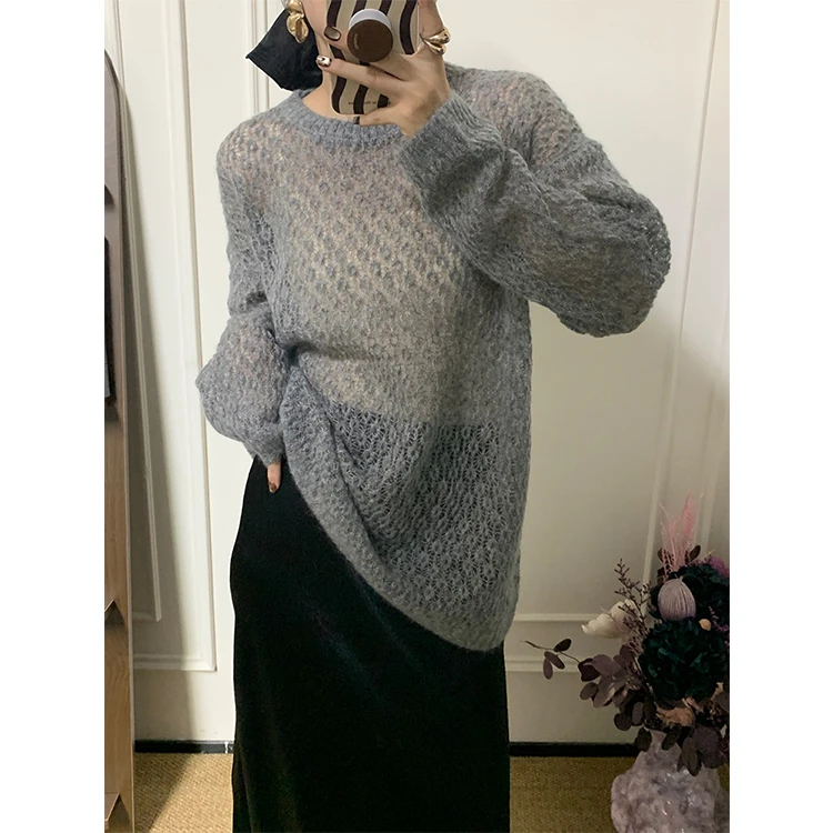 上衣女装圆领落肩袖气质针织衫镂空薄款纯色进口超幼马海毛针织衫