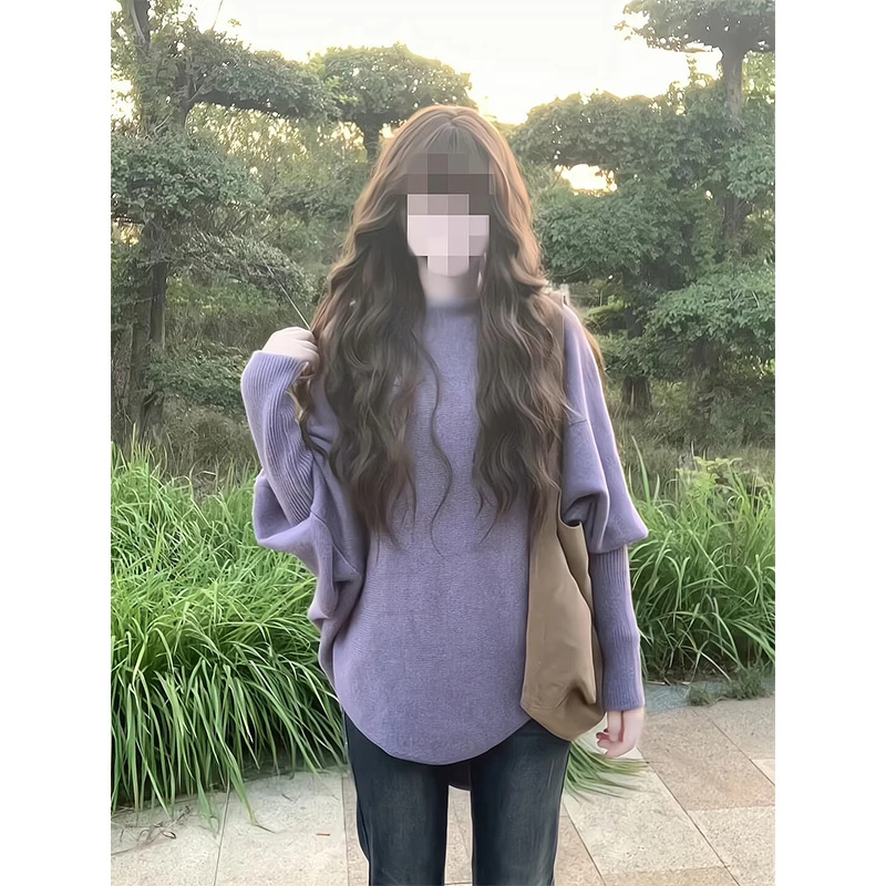 2025新款女士早秋季慵懒风蝙蝠袖不规则一字肩针织上衣高腰牛仔裤