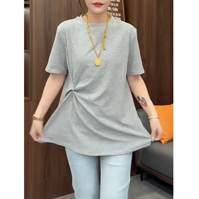 设计感短袖T恤女春季新款微胖妹妹大码宽松遮肉百搭时尚洋气上衣