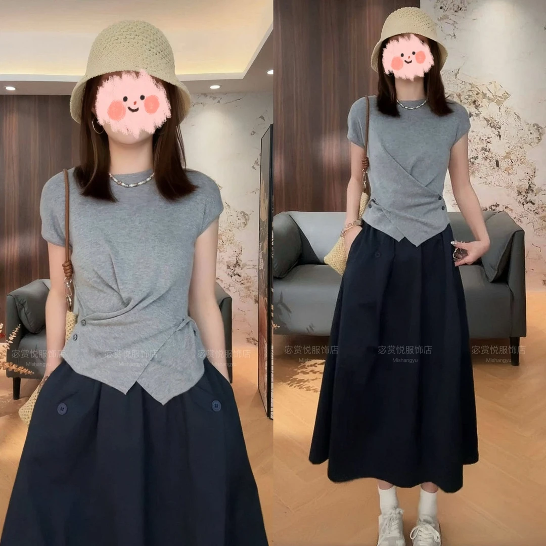 2025夏季收腰显瘦短袖T恤上衣百搭半身裙休闲套装气质洋气衣服女