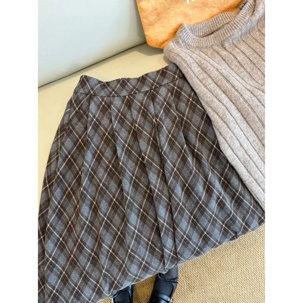 【长裙】格子百褶毛呢 秋冬复古高腰显瘦百搭中长款A字半身裙通勤