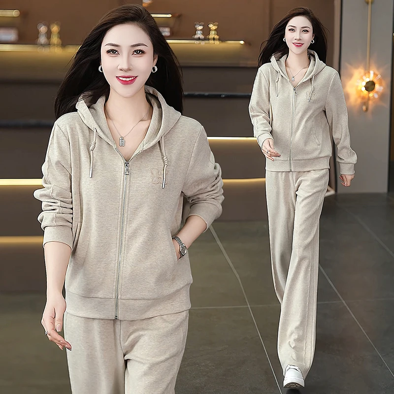 连帽开衫女装卫衣两件套春秋款休闲开衫舒适显瘦直筒裤减龄套装潮