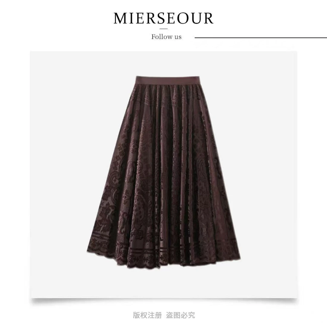 【迷人魅力】新款过膝长款勾花时尚蕾丝松紧腰半身裙7705