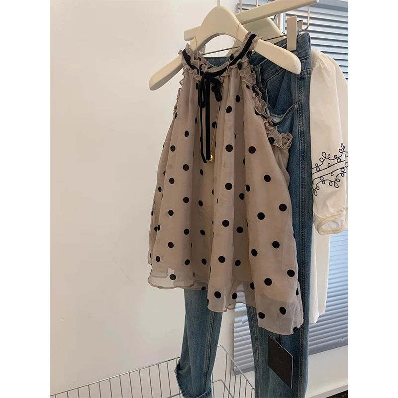 夏季新款无袖露肩波点挂脖上衣女法式高级设计感小众吊带背心外穿