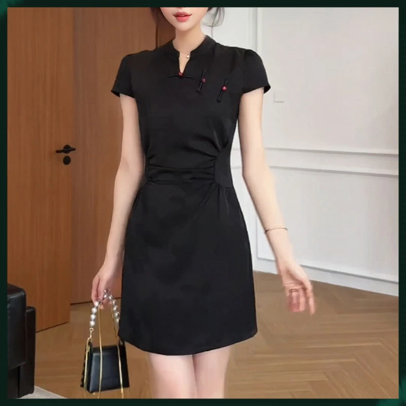 大码中式提花不规则抽褶改良旗袍裙夏季胖收腰显瘦气质连衣裙女