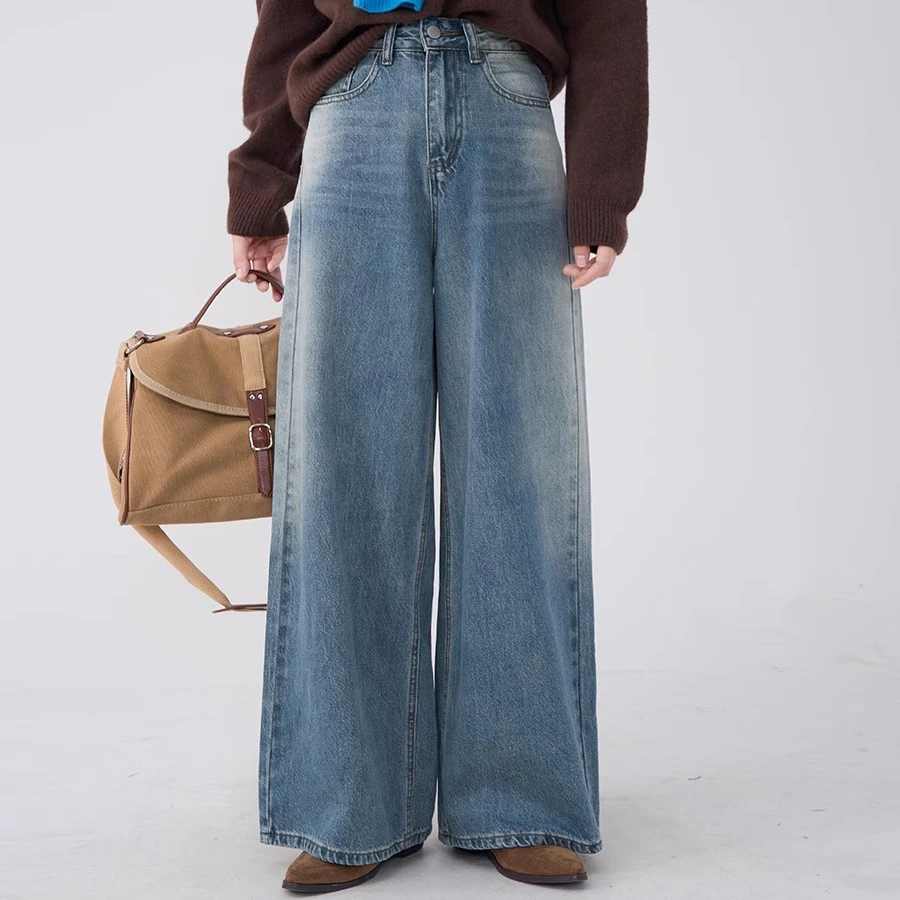 花田橱窗 松弛自然~韩版复古牛仔裤女春秋高腰阔腿裤直筒裤2089