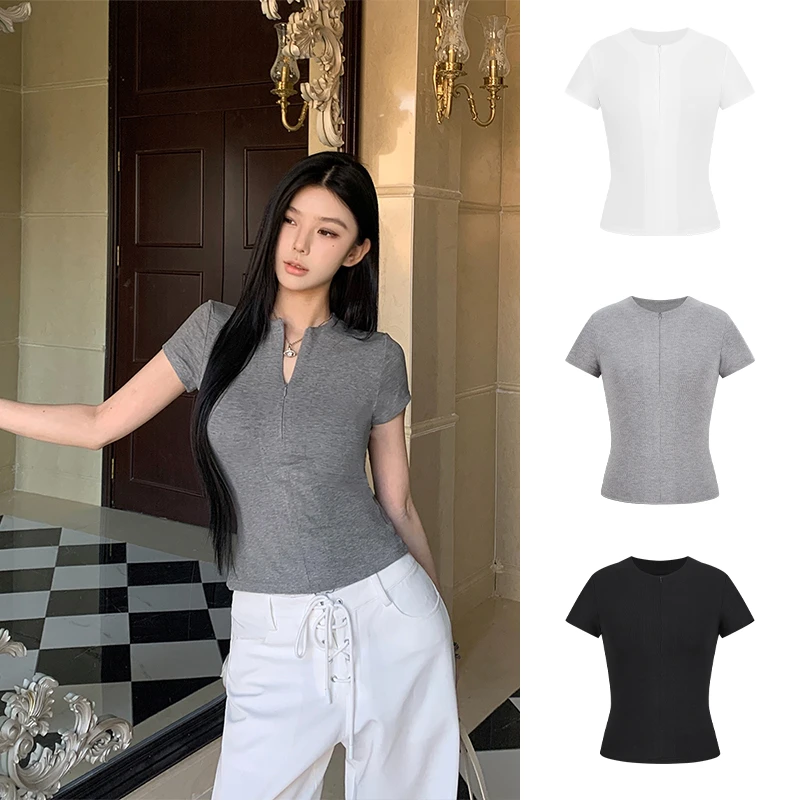 Moses Queen/魔西女王美式运动半开领拉链短袖T恤辣妹正肩上衣