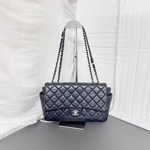 95新 Chanel/香奈儿 黑银jumbo maxi菱格纹单肩斜挎包