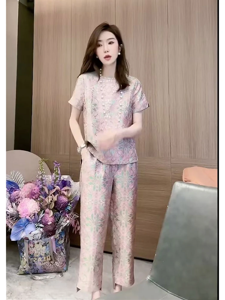 清凉通勤休闲短袖上衣长裤高级感两件套小众新中式国风套装女夏季
