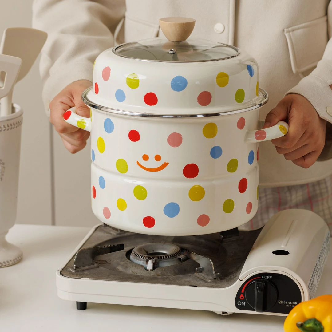 【颜值好物】24CM 6.5L 波点笑脸系列 加厚 双层珐琅蒸锅