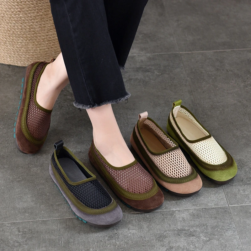 糖果色透气网面真皮网鞋平底凉鞋女2025年夏季新款圆头软底奶奶鞋