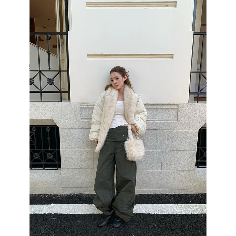韩系秋冬时尚休闲百搭高级感毛毛领长袖外套上衣高腰阔腿裤女套装